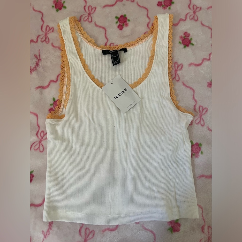 Forever 21 White Ribbed Tank with Peach Lace Trim